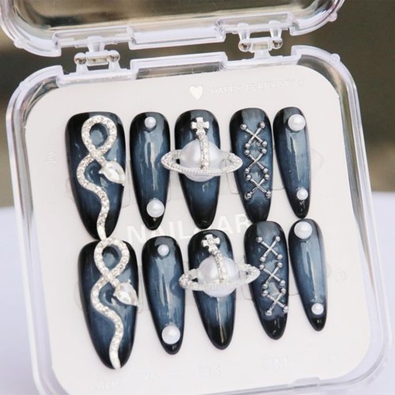 CAMILCY Handmade Nails Press on Almond Shaped Black Pearl Snake Design Hand Painted Reusable Gel UV Finished Pre Shaped False Nails for Women 10Pcs 3D Handmade Nails(A012 L)