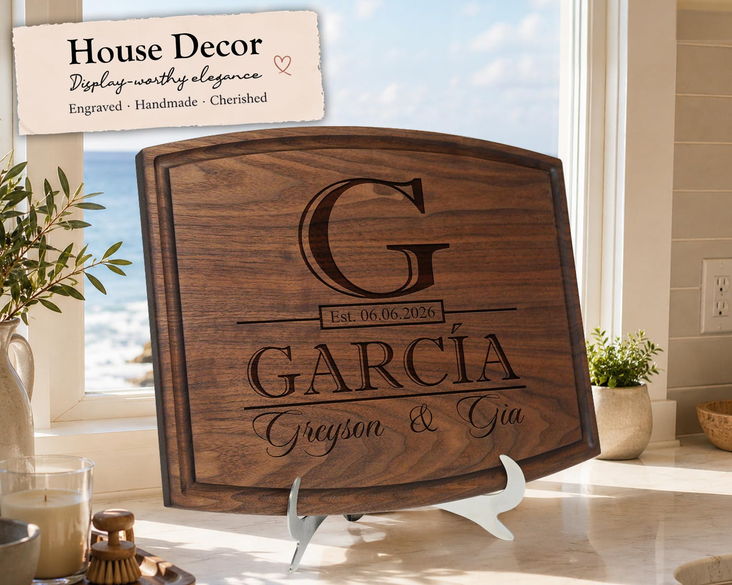 Personalized Cutting Board, Custom Wedding, Anniversary or Housewarming Gift Idea, Wood Engraved Charcuterie, for Couples, Family and Clients (Classic Initial 015)