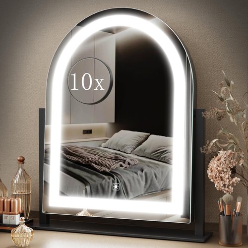 Gvnkvn Lighted Makeup Mirror, Hollywood Vanity Mirror with Lights, Three Color Lighting Modes, and Detachable 10X Magnification Mirror, Smart Touch Control, 360°Rotation (15.2in. Black)