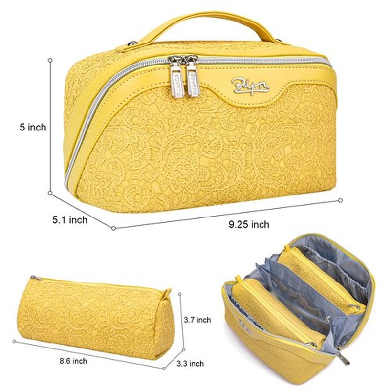 Travel Makeup Bags Cosmetic Organizer Bag: 3-Set Large Capacity Make up Bag - PU Leather Toiletry Bag for Women - Wide Open Portable Pouch with Divider & Handle (06-Yellow)