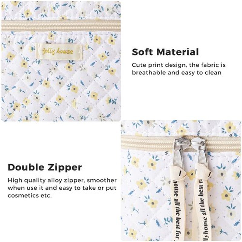 HBselect Quilted Makeup Bag, 3PCS Cotton Large Travel Makeup Bag, Cute Floral Coquette Make up Bag Cosmetic Bag Toiletry Bag for Women Girls