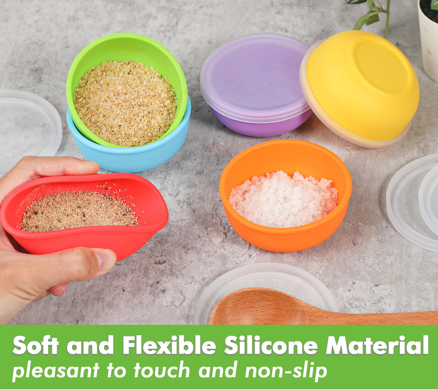 KOLUTI Nonstick Silicone 2oz Pinch Bowls Set of 6, Mini Colorful Condiment Sauce Dip Prep Bowl with Lid, Snack Serving Food Storage Mixing Containers for Side Dish, Microwave & Freezer Safe
