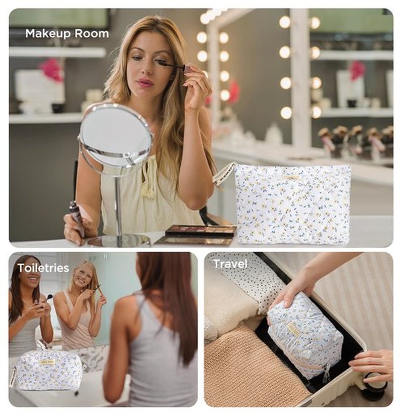 HBselect 2Pcs Quilted Makeup Bag Cute Makeup Bag Organizer Travel Makeup Pouch for Purse Zipper Aesthetic Coquette Cotton Floral Make up Bag Toiletry Bags for Women Girls