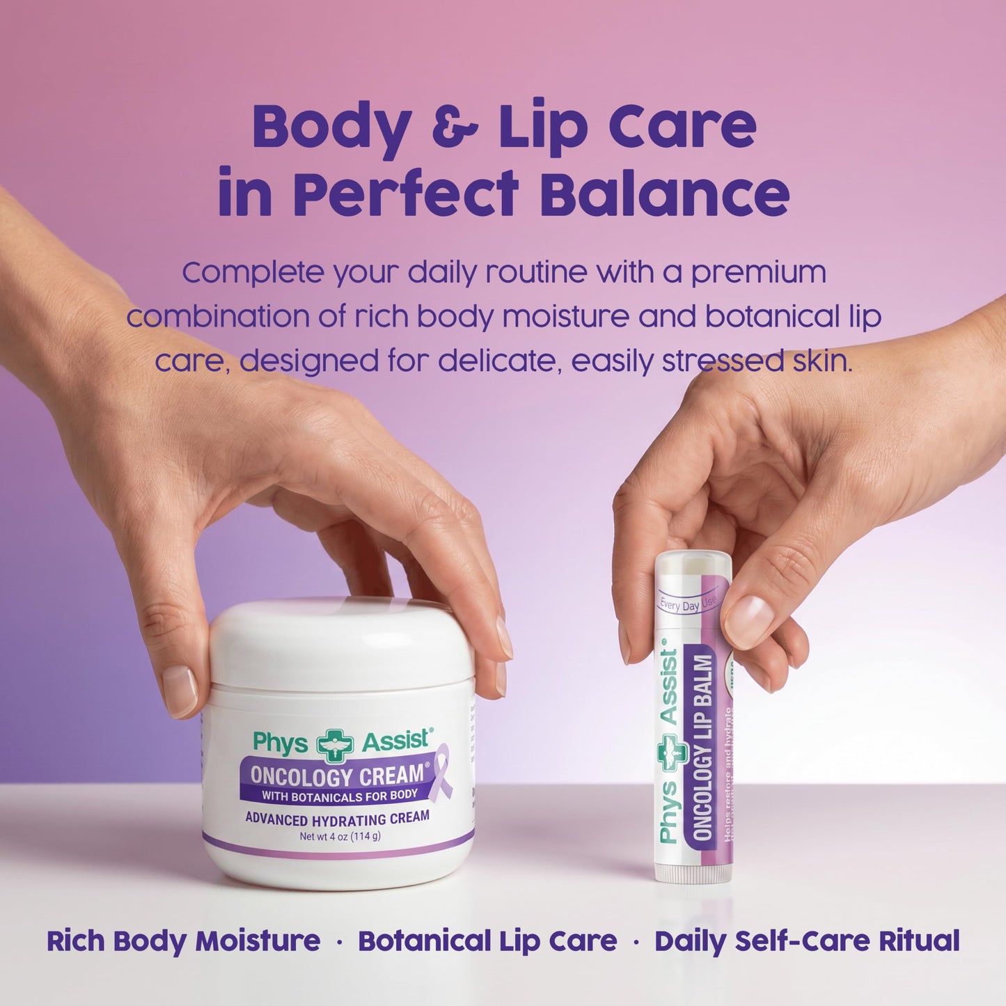 PhysAssist Oncology Cream with Botanicals for Body 4 oz + Lip Balm. Skin Therapy Set for Dry, Sensitive & Stressed Skin – Hydrating Body Cream & Moisturizing Lip Care. Clinically test. Non Irritant