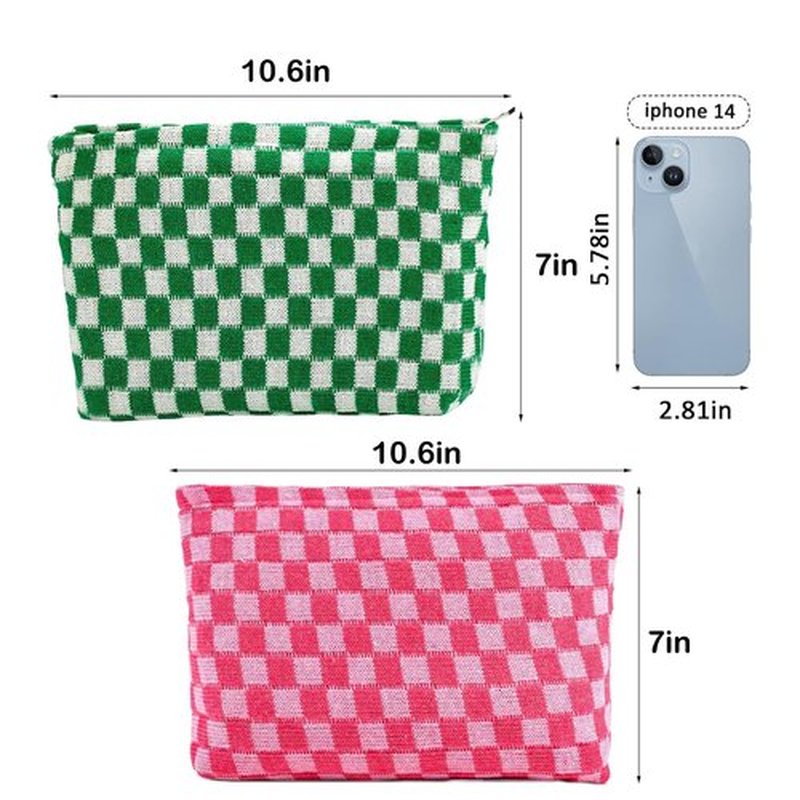 ZLFSRQ 2Pcs Checkered Makeup Bag for Women Large Capacity Cosmetic Bag Set Travel Makeup Pouch for Purse Zipper Toiletry Organizer Cute Y2K Aesthetic Trendy Makeup Brushes Storage Bag(Pink/Green)