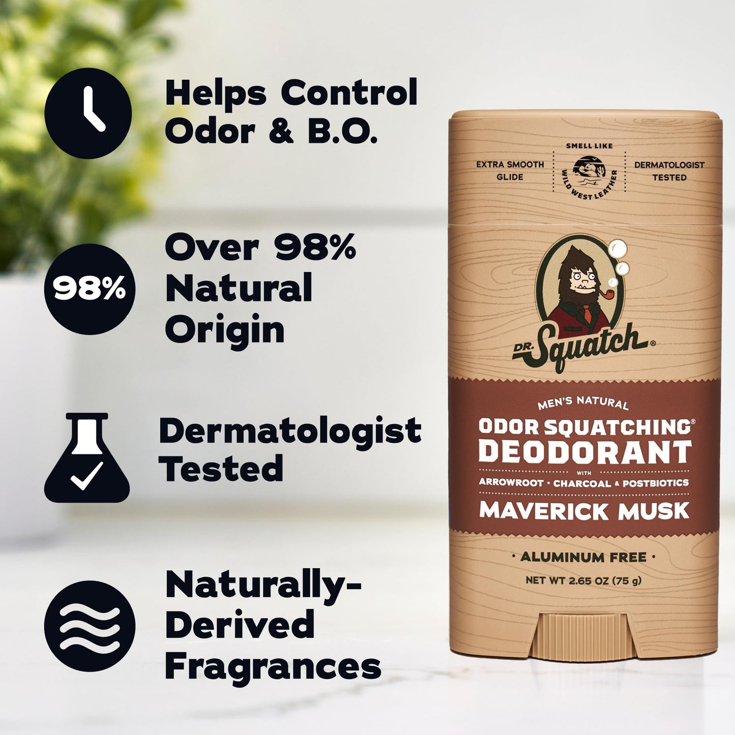Dr. Squatch Natural Men’s Deodorant – Aluminum Free Natural Deodorant Men with Charcoal & Postbiotics for 72-Hour Odor Protection – Maverick Musk + Wood Barrel Bourbon, 2.65oz Stick (2-Pack)