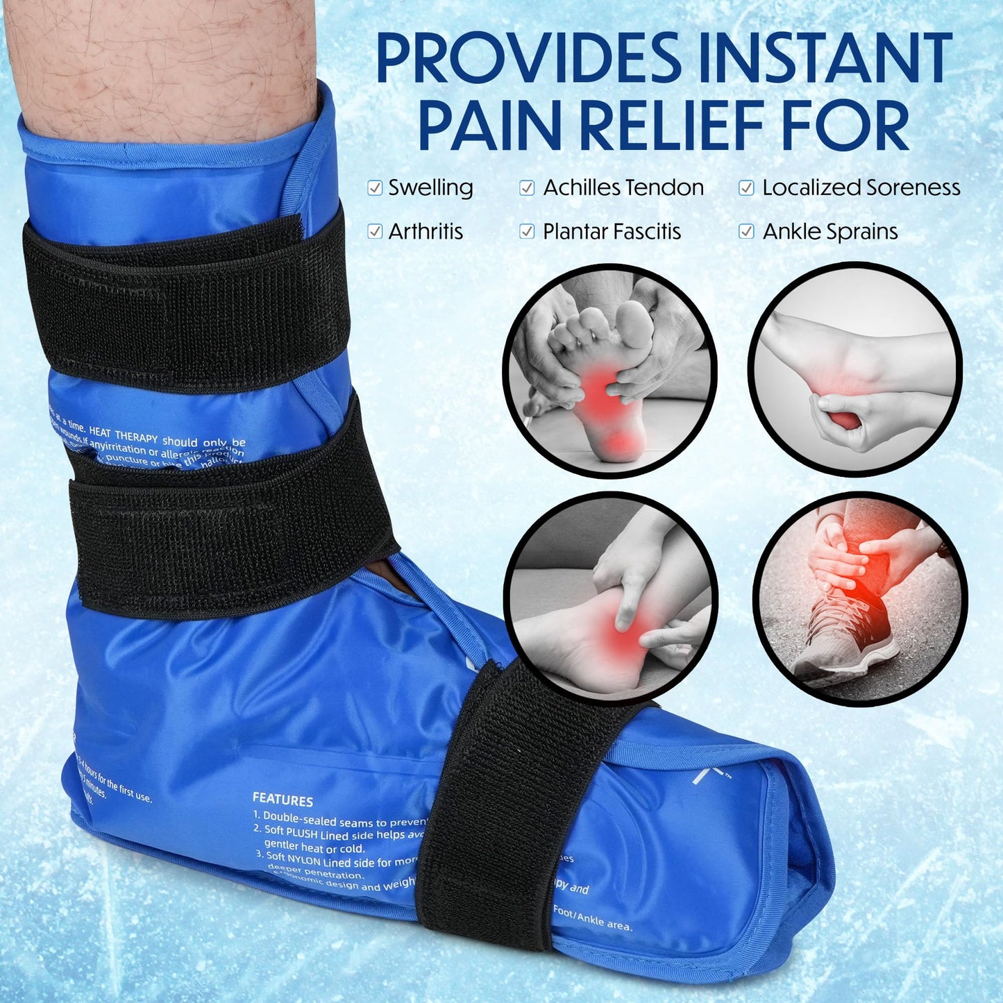 MEDLOT Ankle Ice Pack Wrap, Full Foot Large Reusable Hot Cold Therapy Pack for Achilles Tendonitis Relief, Swelling, Plantar Fasciitis, Heel Pain, Plush Lining, with Strap, Birthday Father's Day Gift