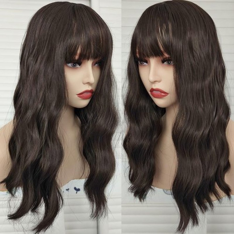 curldiva Brown Wavy Bob Wigs with Bangs 16inch Natural Brown Curly Wig Middle Part Simulated Scalp Heat Resistant Synthetic Hair for Daily Wearing