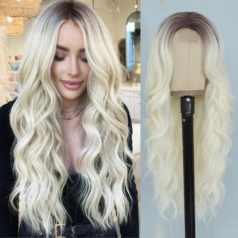 NAYOO Long Wavy Wigs for Women Middle Part Platinum Blonde Wig with Dark Roots Synthetic Heat Resistant Fiber Women Wigs for Daily Party Use (Platinum Blonde)