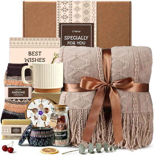 Bohemian Spa Gift Basket for Women - Cozy Blanket, Warm Socks & Thoughtful Card | Perfect for Birthdays, Mother's Day & Self-Care