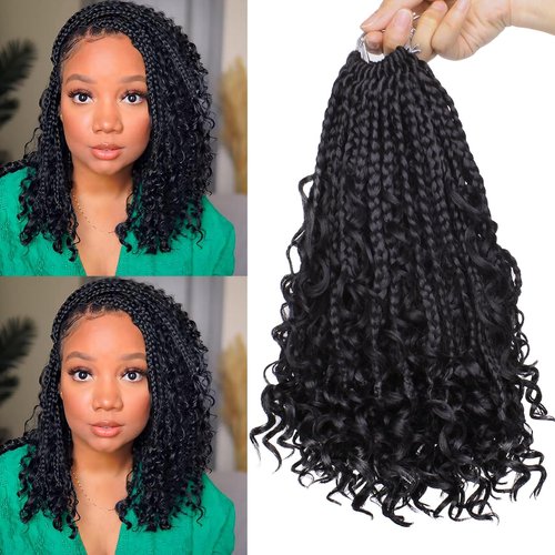 Unionbeauty 8 Packs Boho Box Braids Crochet Hair 8 Inch Bohemian Hippie Box Braids for Kids Goddess Box Braids Crochet Braids with Curly Ends Synthetic Braiding Hair Extension for Black Woman 1B#