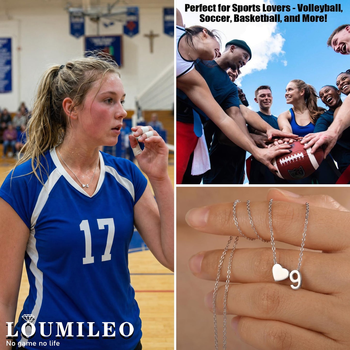 LOUMILEO Softball/Soccer/Volleyball/Basketball/Tennis Necklace for Women Sterling Silver Number Necklaces for Women Dainty Silver Heart Pendant Necklace Personalized Sports Accessories Jewelry Gift