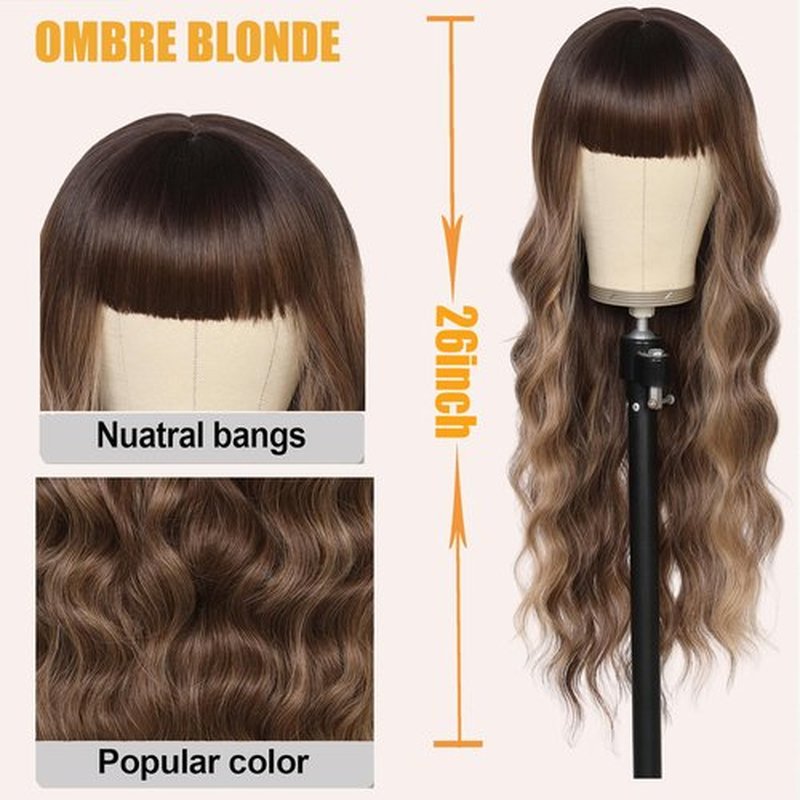 Brown Wig with Bangs 26 Inches Long Wavy Curly Wig for Women Brown Mixed Blonde Highlight Wig with Dark Roots Ombre Natural Curly Resistant Fiber Wigs Synthetic Wigs for White Women Wigs with Bangs