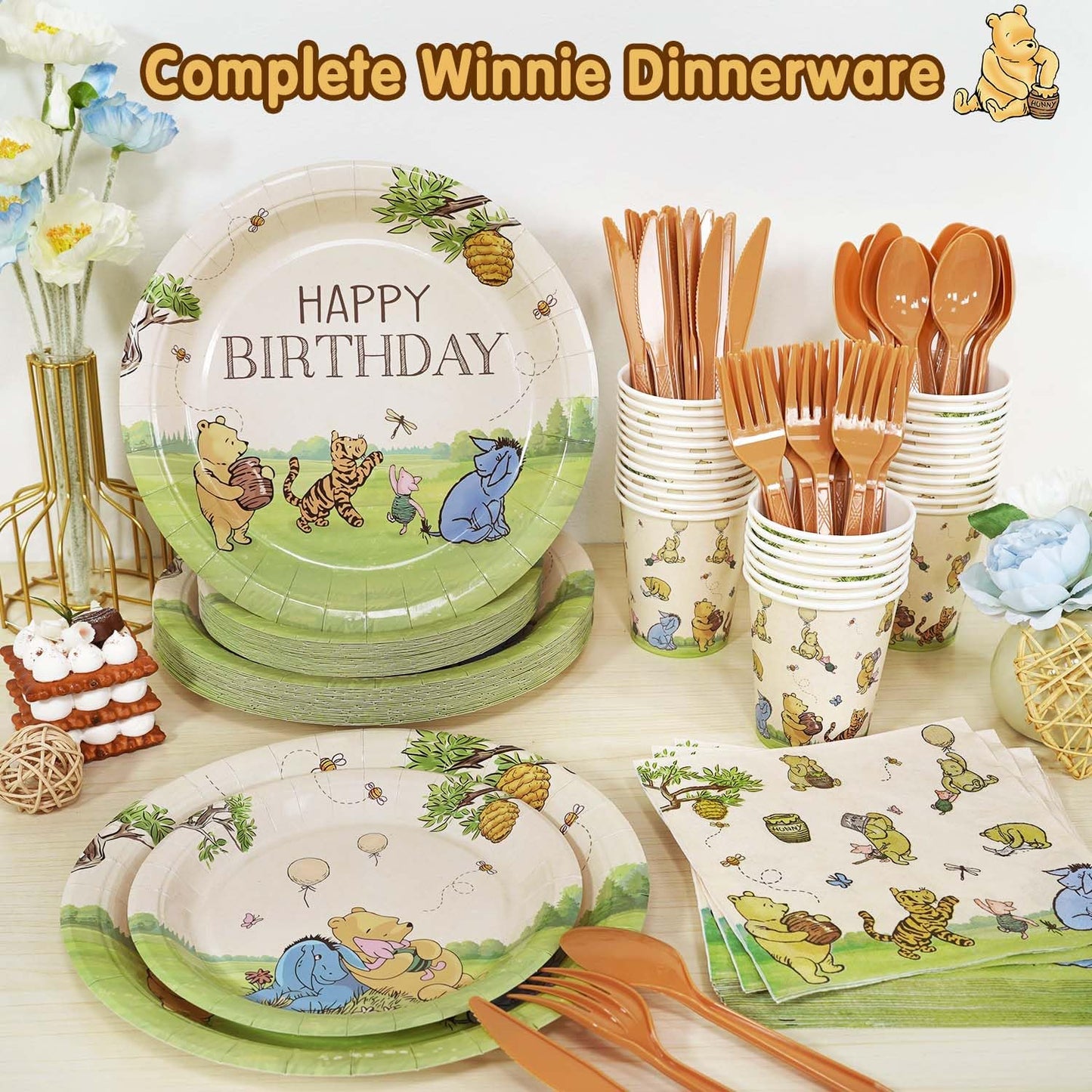 Winnie Birthday Decorations Plates Set, 175PCS Classic Winnie Happy Birthday Plates Cups Napkins Cutlery for 25 Guests