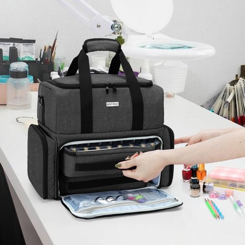 BAFASO Nail Polish Organizer Holds 80 Bottles (15ml - 0.5 fl.oz) and a UV Nail Lamp, Nail Polish Case with 2 Removable Pouches and Manicure Tools Storage Sections (Patented), Black