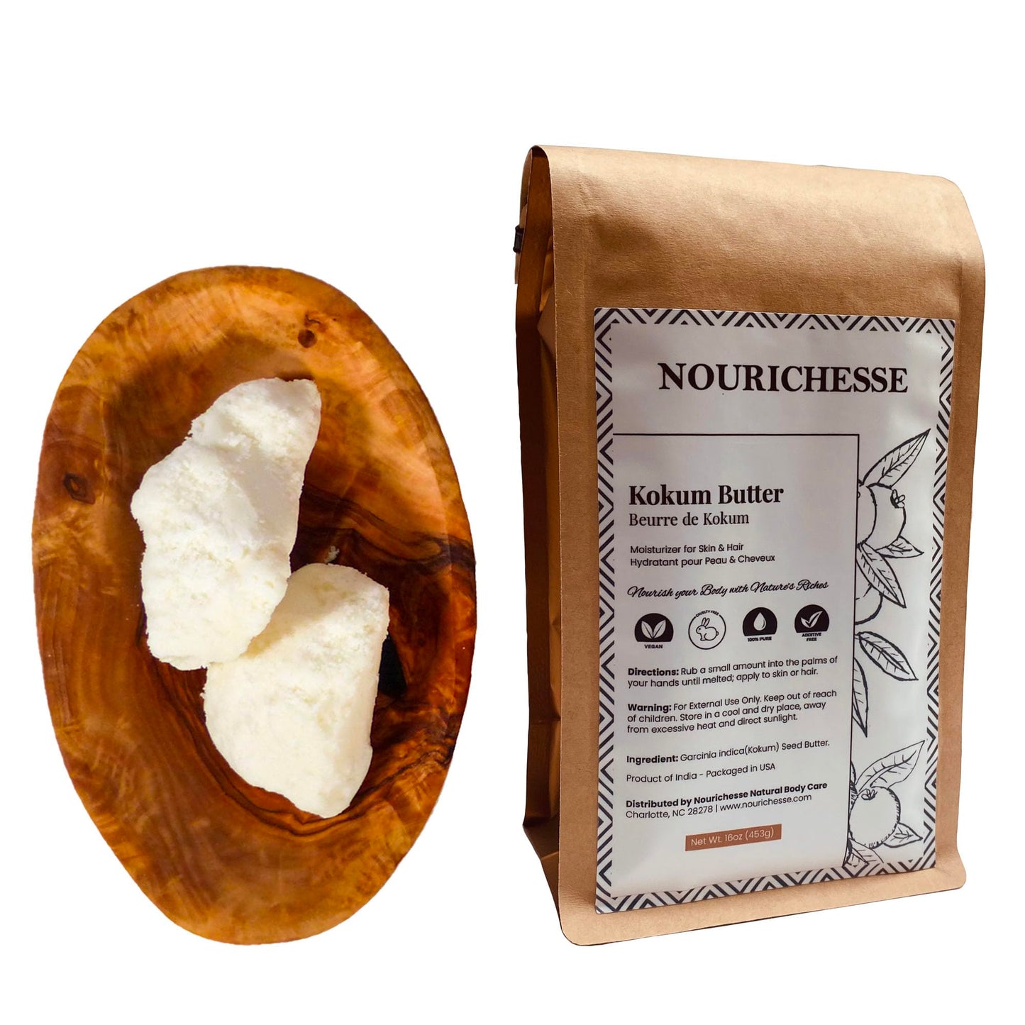 Nourichesse Kokum Butter - 1 LB (16oz) Block. Pure Butter, Great Moisturizer for Skin and Hair. Use in DIY Soap, Balm, and Cream.