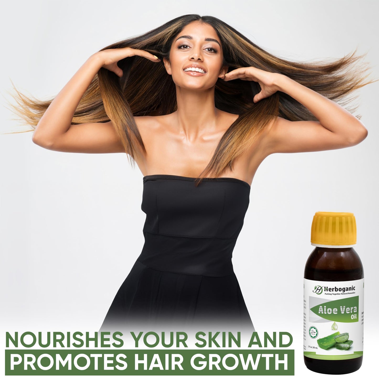 HERBOGANIC Natural Aloe Vera Oil - 100% Cold Pressed, Nourishing for Skin, Hair, and Eyelash Growth,Aloe Vera Massage Oil,