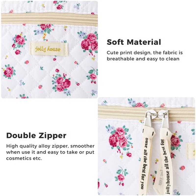 HBselect Quilted Makeup Bag, 3PCS Cotton Large Travel Makeup Bag, Cute Floral Coquette Make up Bag Cosmetic Bag Toiletry Bag for Women Girls