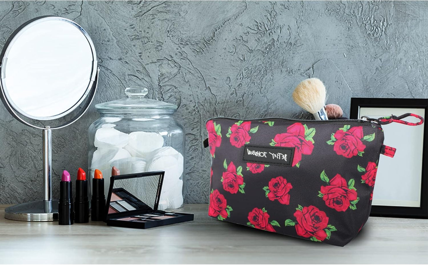Betsey Johnson 8.5 Inch Zipper Cosmetic Pouch Small Toiletry Bag–Lightweight Durable Polyester Organizer with Inner Zipped Pocket Good For Makeup Accessories and Travel Needs (Covered Rose)