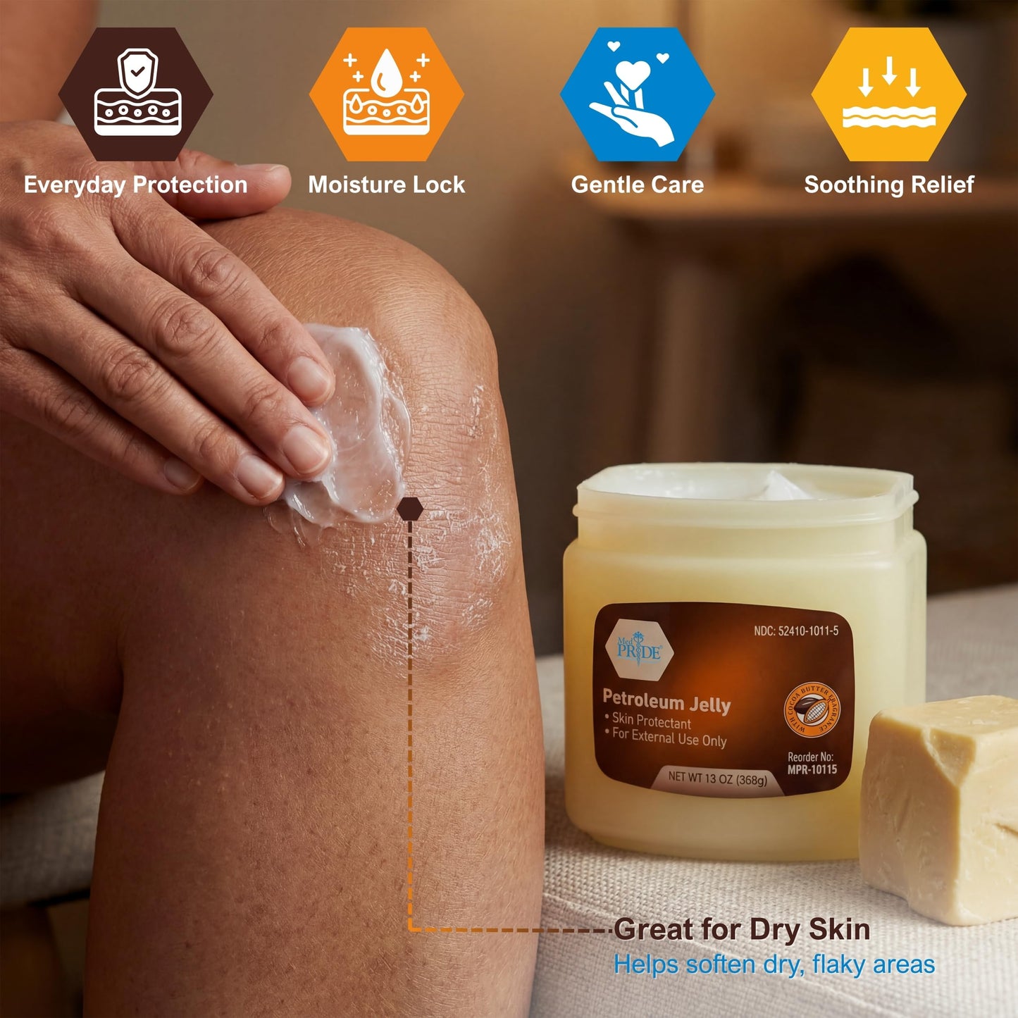 MED PRIDE Cocoa Butter Petroleum Jelly, 13 oz - Moisturizing Skin Protectant for Dry Skin, Cracked Hands, Chapped Lips, Rough Heels & Minor Cuts - Hypoallergenic Cocoa Scented Ointment