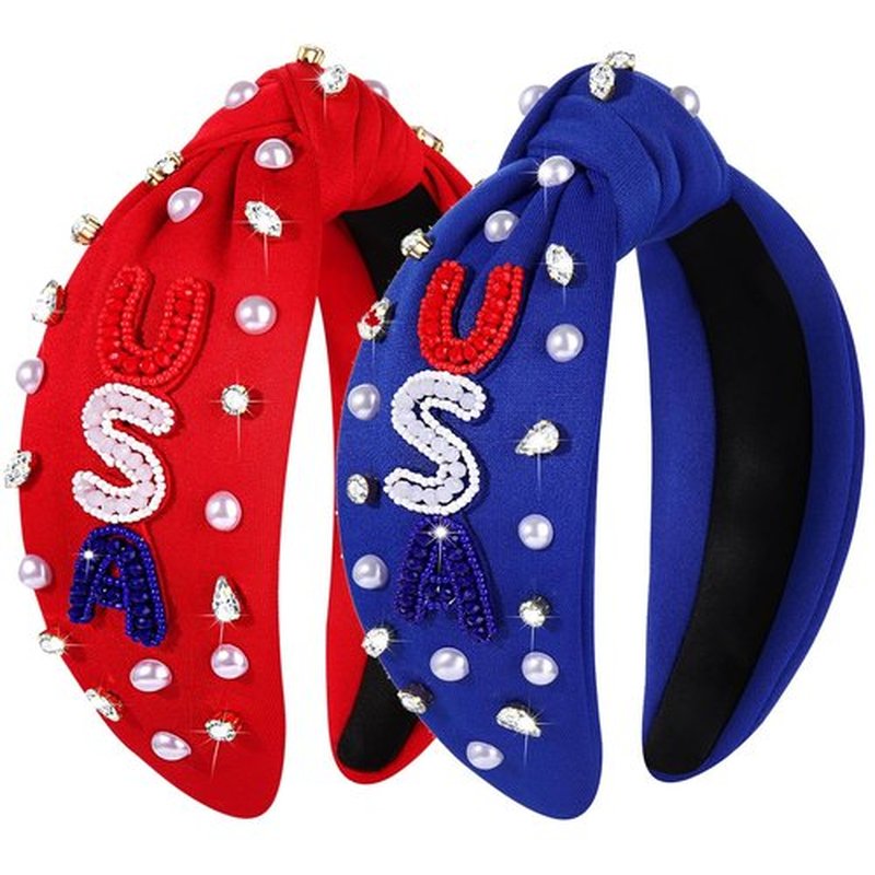 CEALXHENY Hairband, 4th of July Headbands for Women, 2PCS USA Patriotic Headbands, American Flag Accessories, Rhinestone Pearl Knotted Headbands Beads Embellished Jeweled Headbands Holiday Gifts