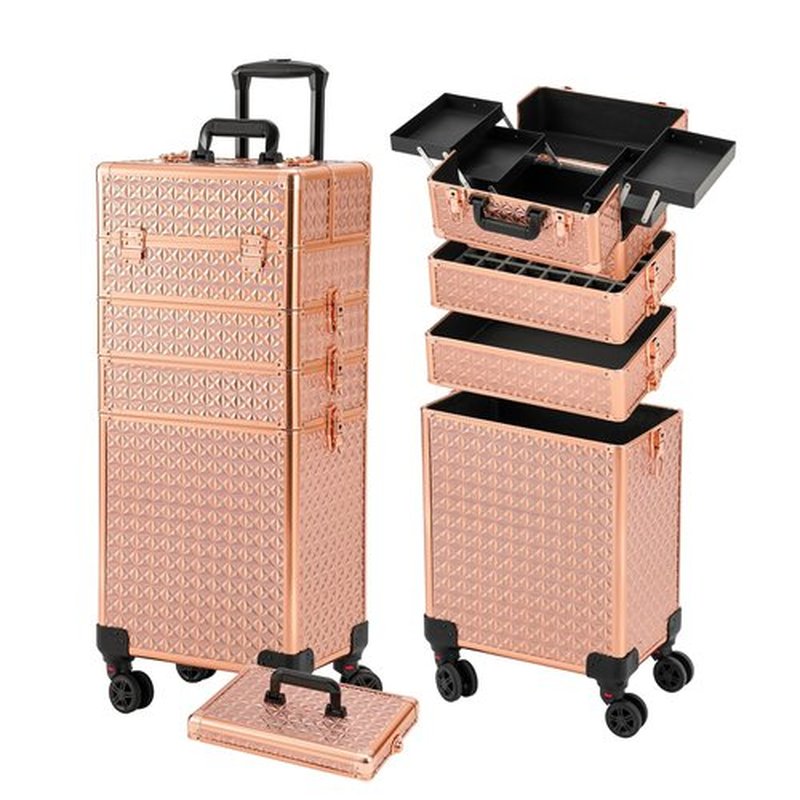 Leeora&Leekoo Portable Multi-Storey Nail Case for Nail Tech Organizer - Wheels Makeup Case Organizer, Cosmetic Case, Makeup Train Case, Make Up Case (Rose Gold)