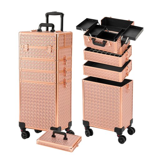 Leeora&Leekoo Portable Multi-Storey Nail Case for Nail Tech Organizer - Wheels Makeup Case Organizer, Cosmetic Case, Makeup Train Case, Make Up Case (Rose Gold)