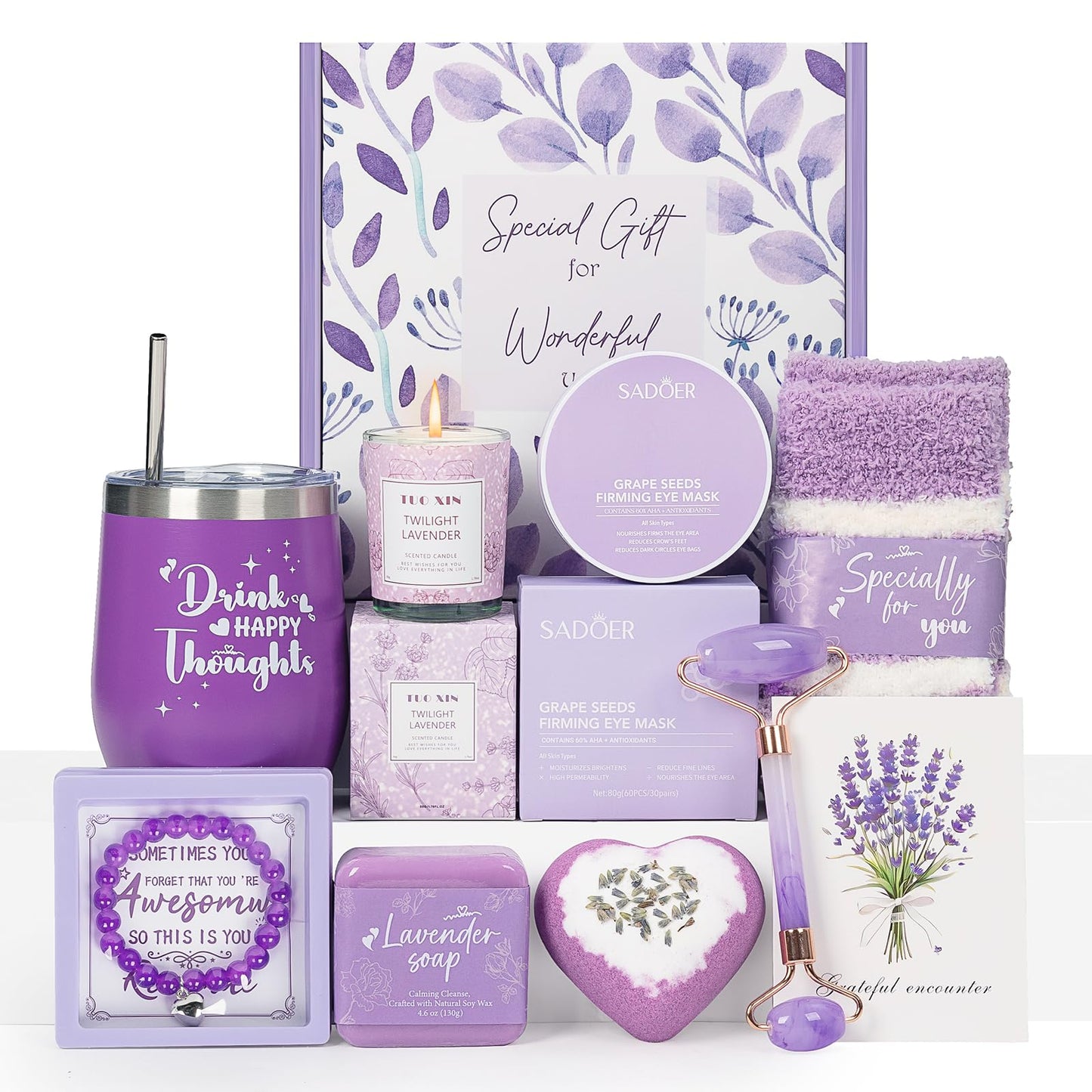 Birthday Gifts for Women, Self Care Gifts for Women, Lavender Spa Gift Basket Care Package for Her, 9-Piece Relaxing Gift Box with Tumbler, Candle, Eye Patches, Gift for Mom Wife Sister Girlfriend