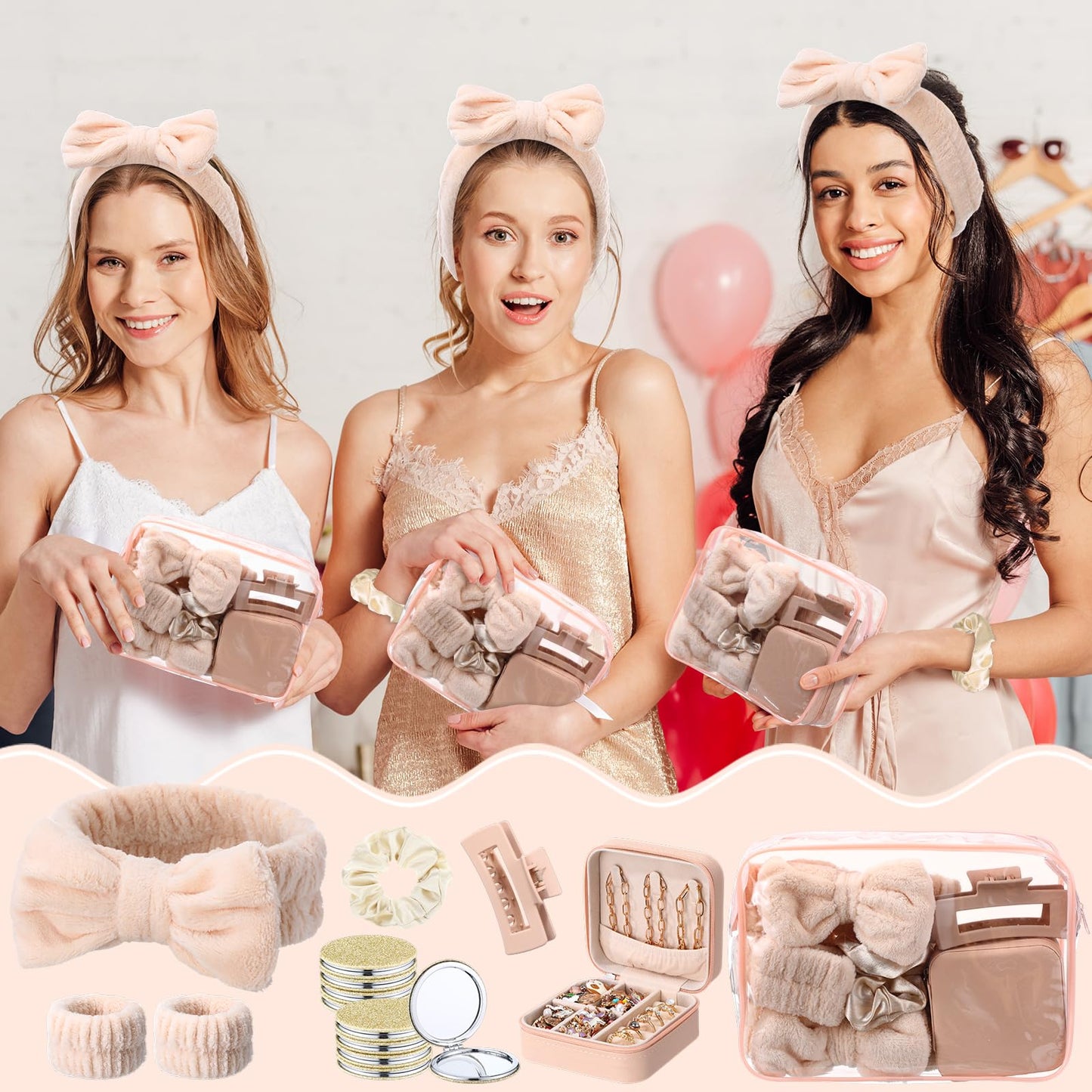 Suncalla 48 Pcs Spa Party Favors Bridesmaid Proposal Gifts Sleepover Party Supplies Bow Headband Scrunchies Jewelry Case Makeup Bag Mirror for Women Slumber Birthday Return Gifts (Beige)
