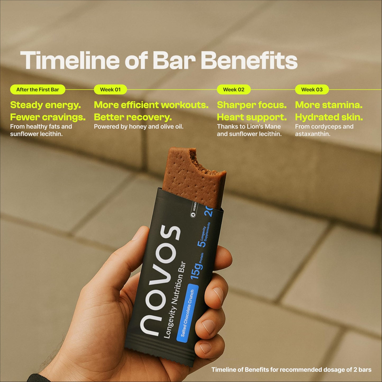 Novos Longevity Protein Bar | 15g Protein, 20 Superfoods, 5 Longevity Ingredients for Men & Women | Supports Skin, Mind & Mood | Salted Chocolate Crunch (12-Pack)