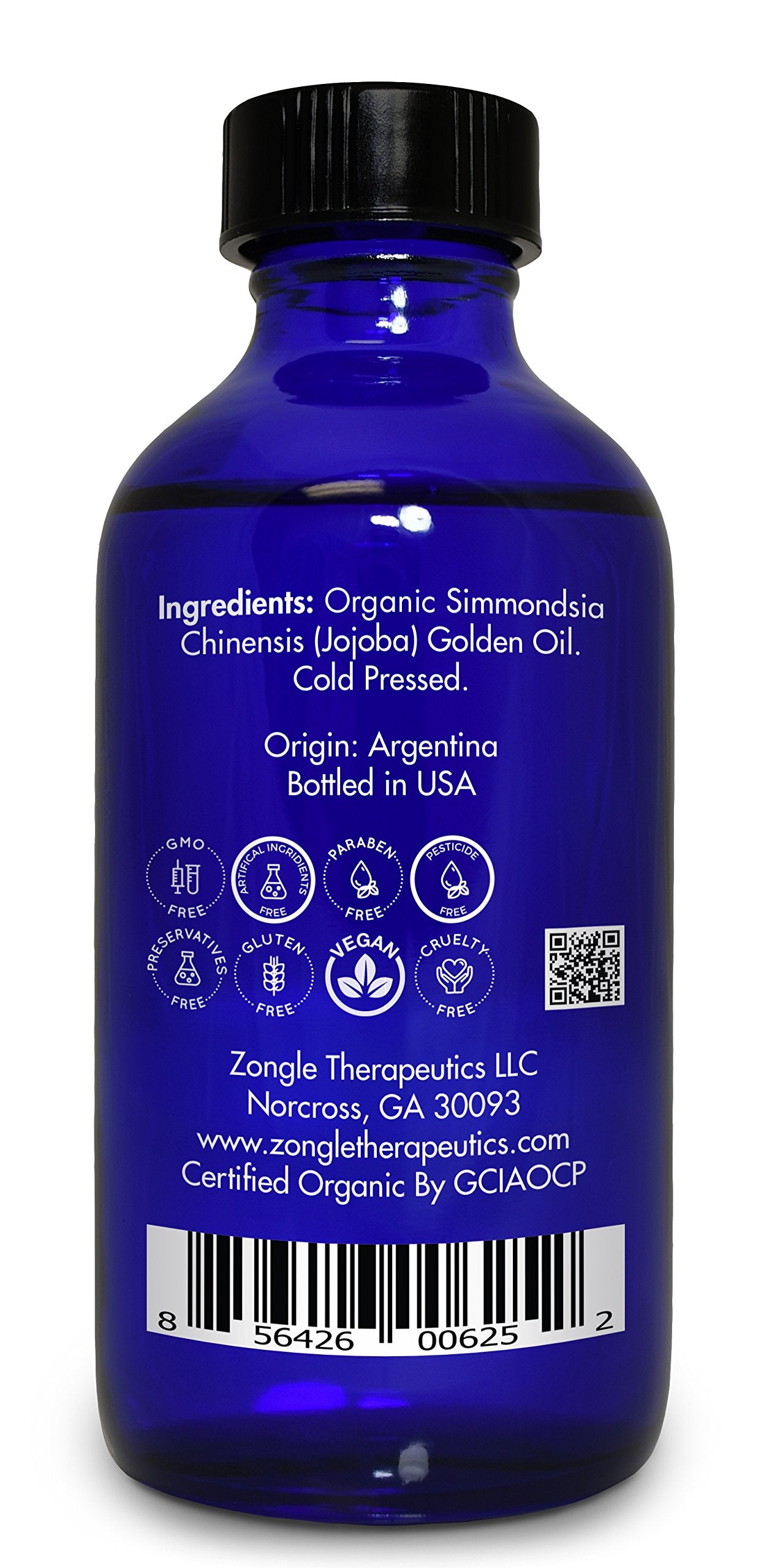 Organic, Jojoba Oil, for Skin, Hair, Face, Nails – 100% Pure, Jojoba Oil, Cold Pressed, Unrefined, by Zongle Therapeutics, 4 OZ