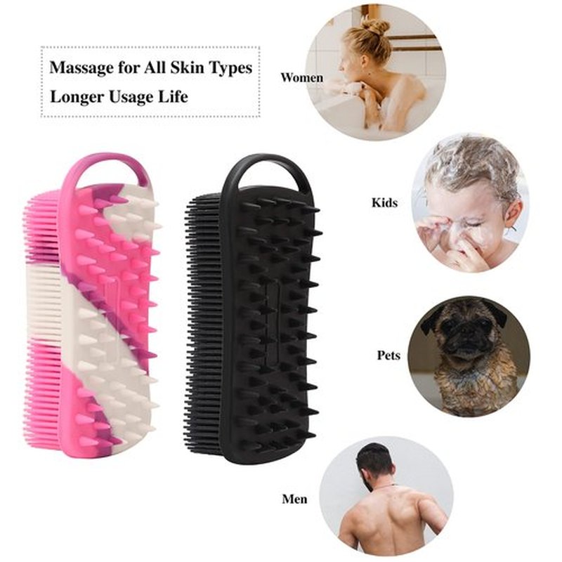 2 PC Silicone Exfoliating Body Scrubber, 2 in 1 Silicone Body Shampoo Brush, Soft Silicone Loofah for Sensitive Skin, Shower Silicone Hair Scalp Massager, Easy to Clean, Lather Well (Black&Purple)