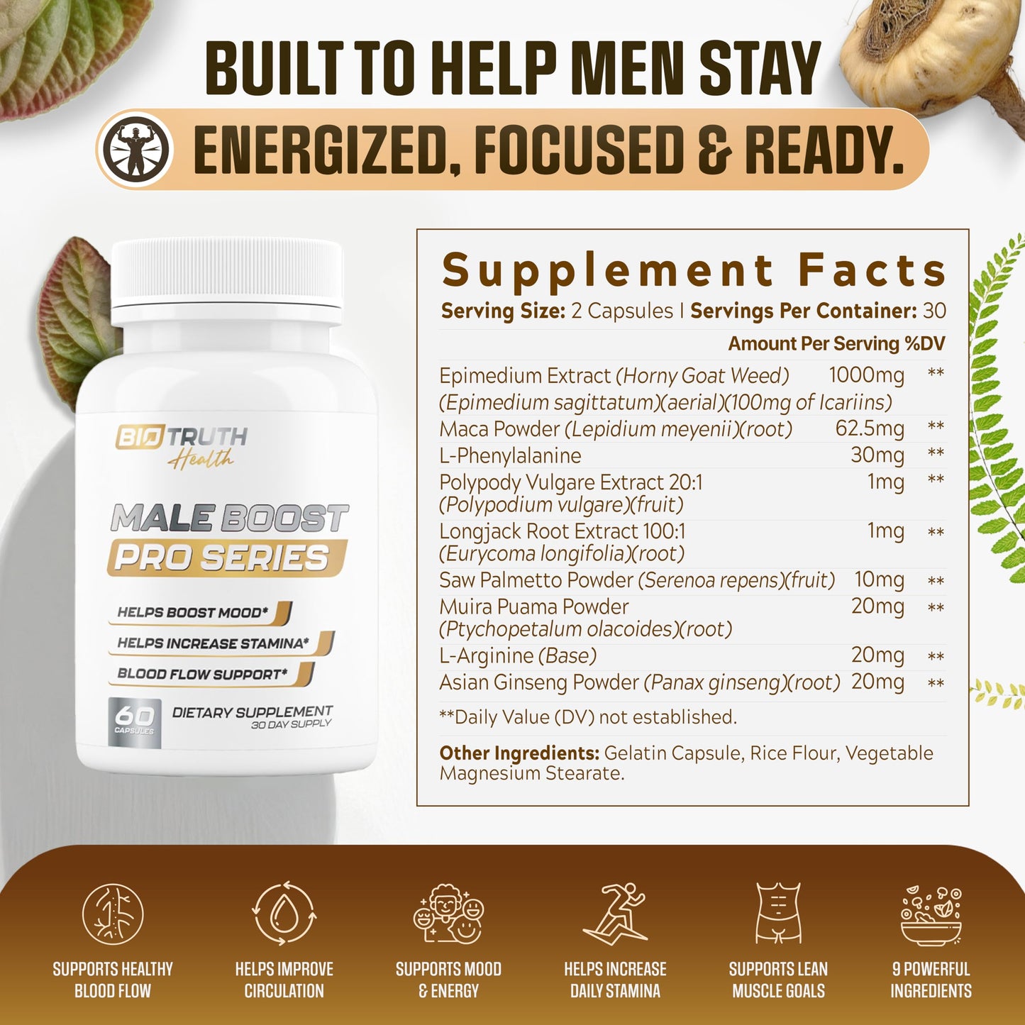 Male Boost PRO Series - The Ultimate Male Supplement - Pills for Men Fast Acting Blood Flow for Manhood, Muscle, Strength, Stamina - Overall Test Level Support - HornyGoatWeed + 8 More - 60 Capsules