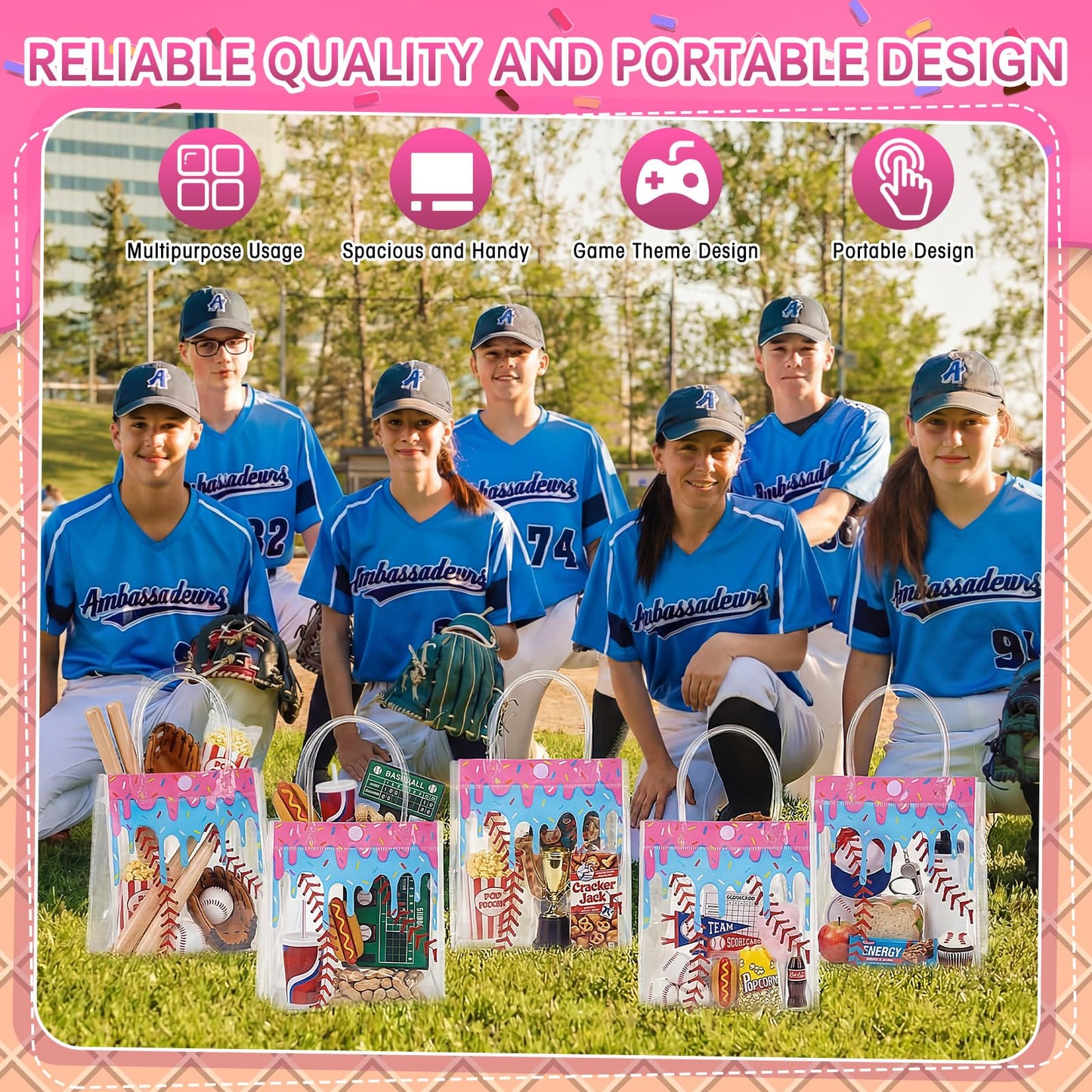 Kolldenn 24 Pcs Baseball Ice Cream Drip Party Favors Clear PVC Gift Bags Baseball Birthday Ice Cream Drip Goodie Snack Treat Bags with Handles for Sport Team Party Supply 6.3 x 5.9 x 3 Inches