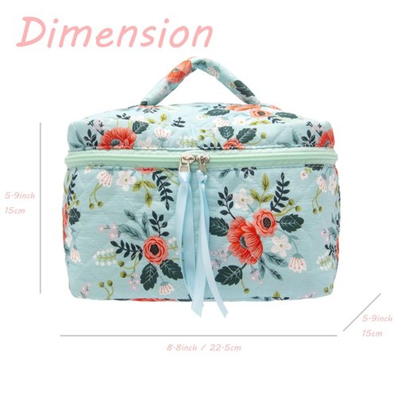PAZIMIIK Cotton Makeup Bag for Women Large Quilted Travel Cosmetic Case Girls' Make Up Organizer,Flower Green