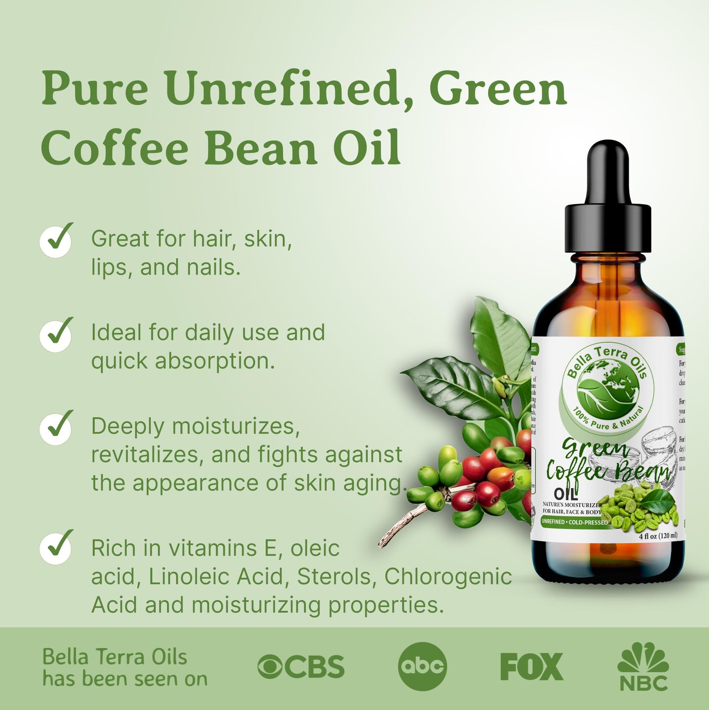 Bella Terra Oils - Green Coffee Bean Oil 16oz - Harness the Purity of Coffee Serum Ingredients, Enriched with Potent Acids for Lush & Healthy Skin