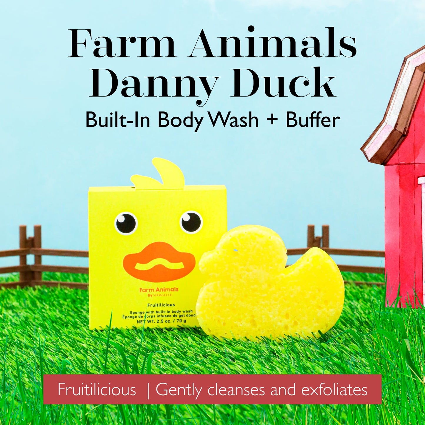 Spongellé Danny Duck Farm Animals Kid's Body Buffer | All Ages | Body Wash Infused Shower Loofah | Newborn Essentials & Baby Essentials | Cruelty-Free, Vegan, Dermatologist-Tested, Made in USA