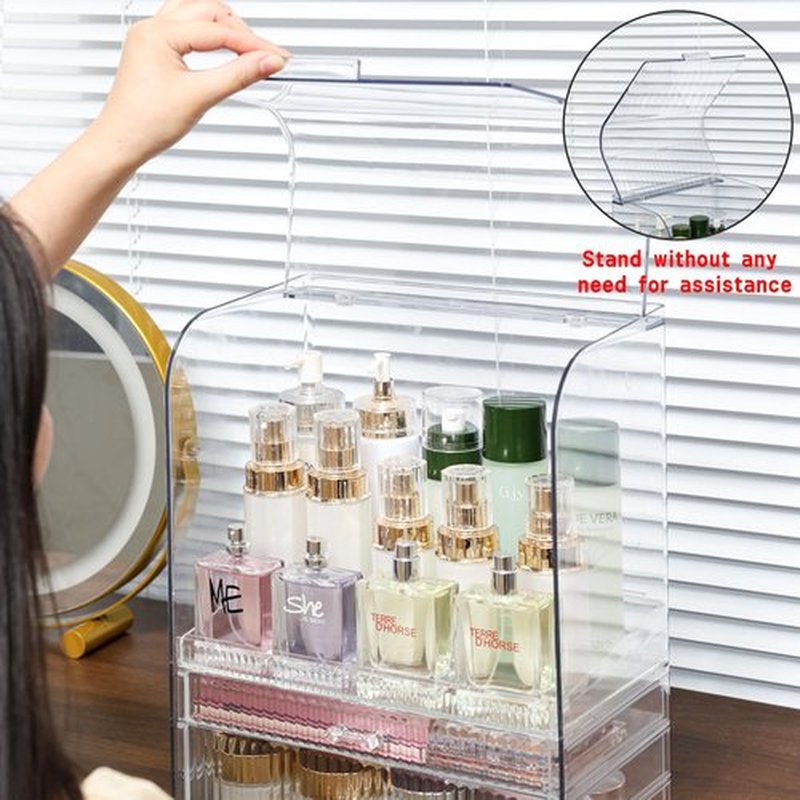 Clear Makeup Organizers for Vanity With Dustproof Lid,Large Capacity Skincare Organizer and Bathroom Counter Organizer With 3 Drawers For Cosmetics,Lotion,Beauty Product Dresser Top Organizer Case