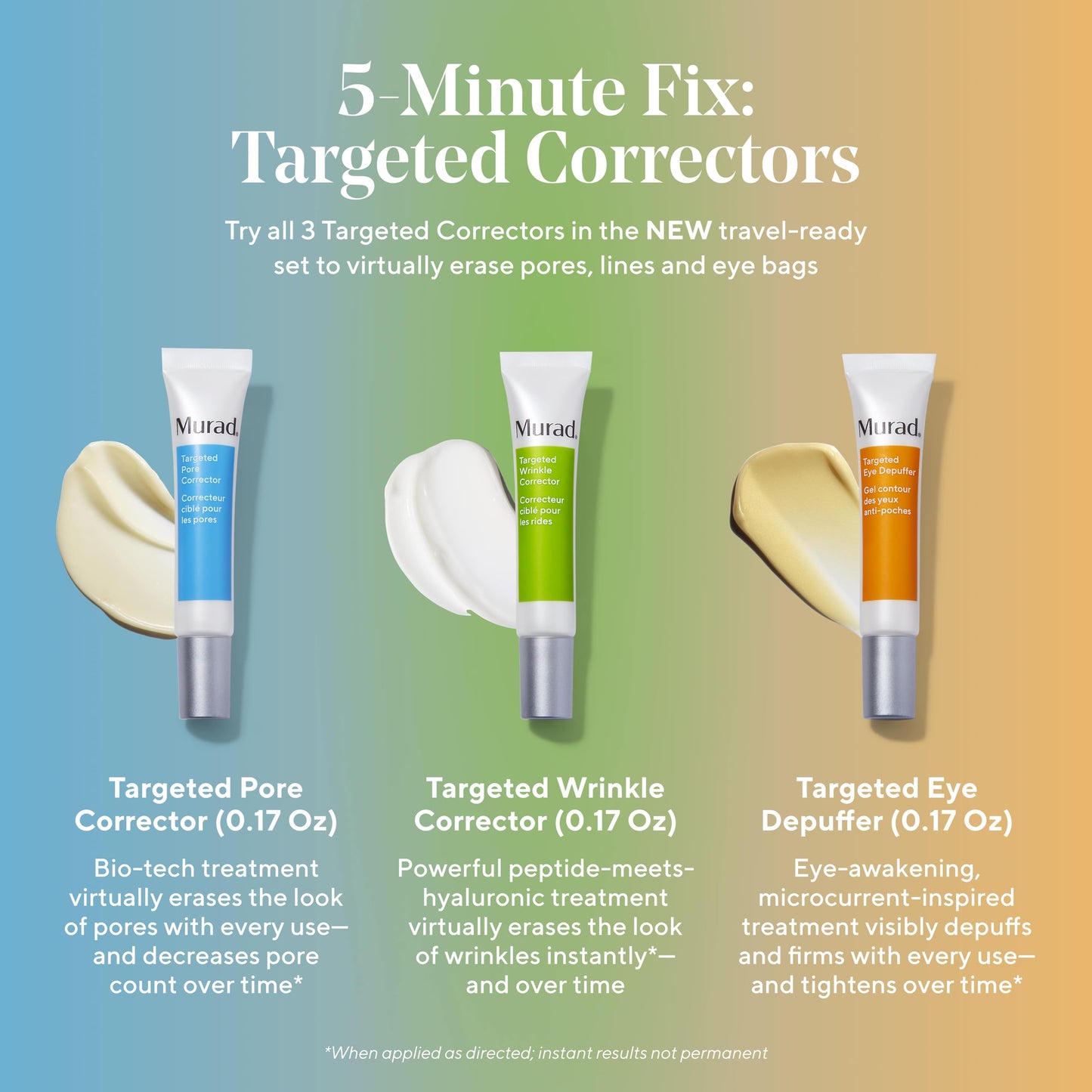 Murad 5 Min Fix: Targeted Correctors Travel Trio Kit - Anti-Aging Skincare Kit, Reduces the Look of Fine Lines and Wrinkles - Brightens and Depuffs Under Eyes - Erases the Look of Pores - 3-Piece Set
