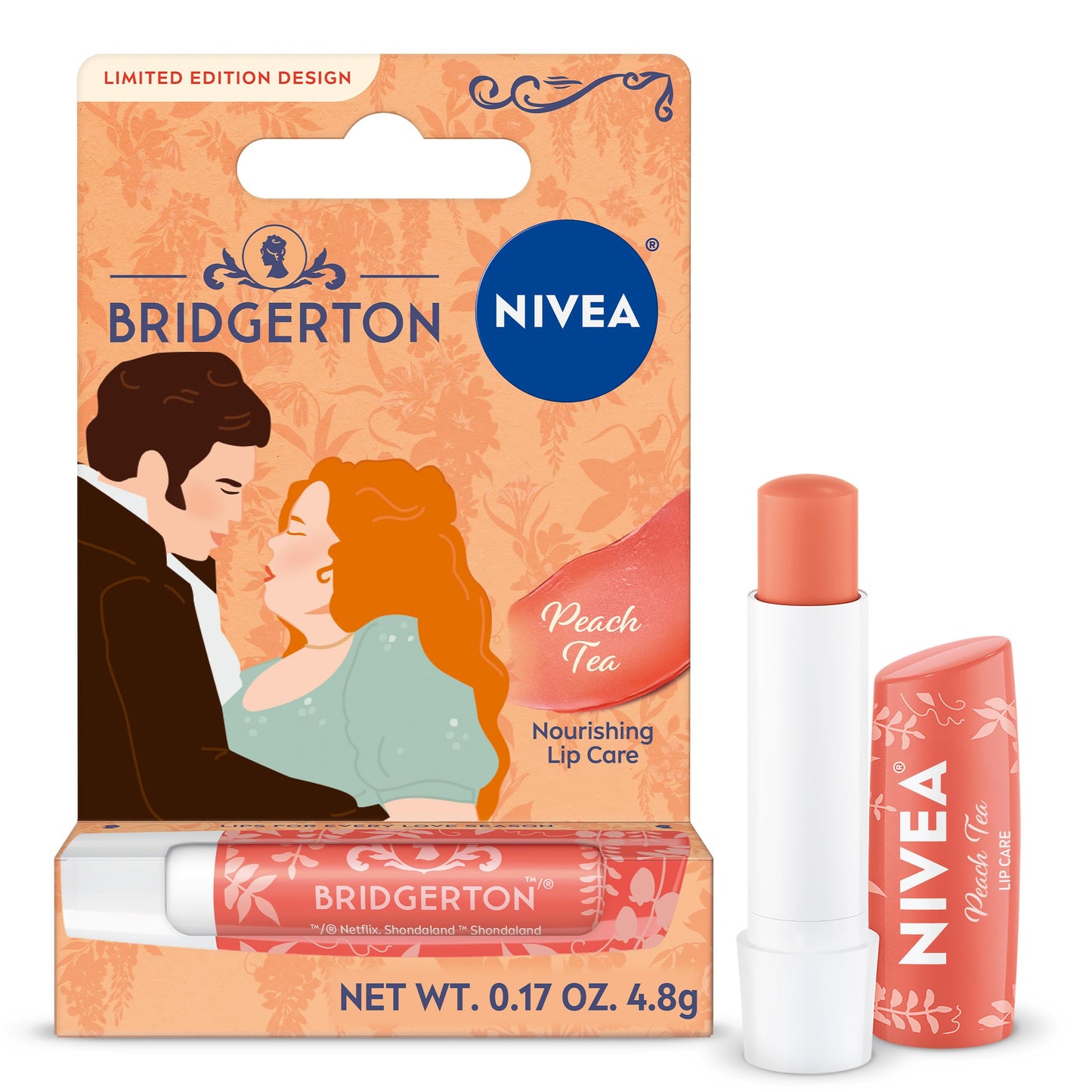 NIVEA Peach Tea Lip Care, Bridgerton Design Lip Balm, 0.17 OZ