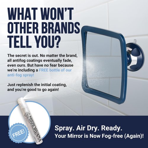 MIRRORVANA Fogless Shower Mirror for Shaving with Upgraded Suction, Anti Fog Shatterproof Surface and 360° Swivel, 6.3" x 6.3" (Blue)