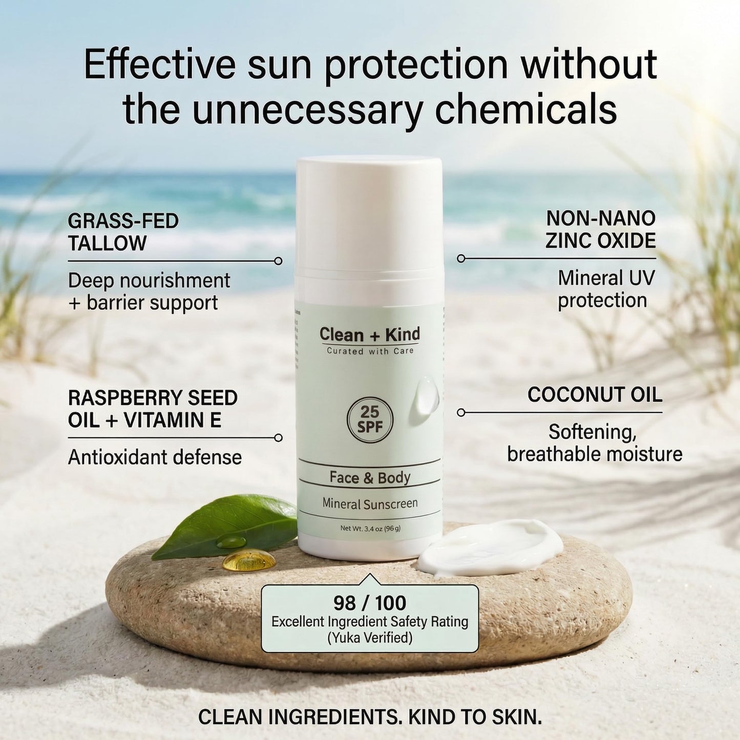 Clean + Kind Organic Beef Tallow Sunscreen SPF 25 Zinc Oxide Vanilla Travel
