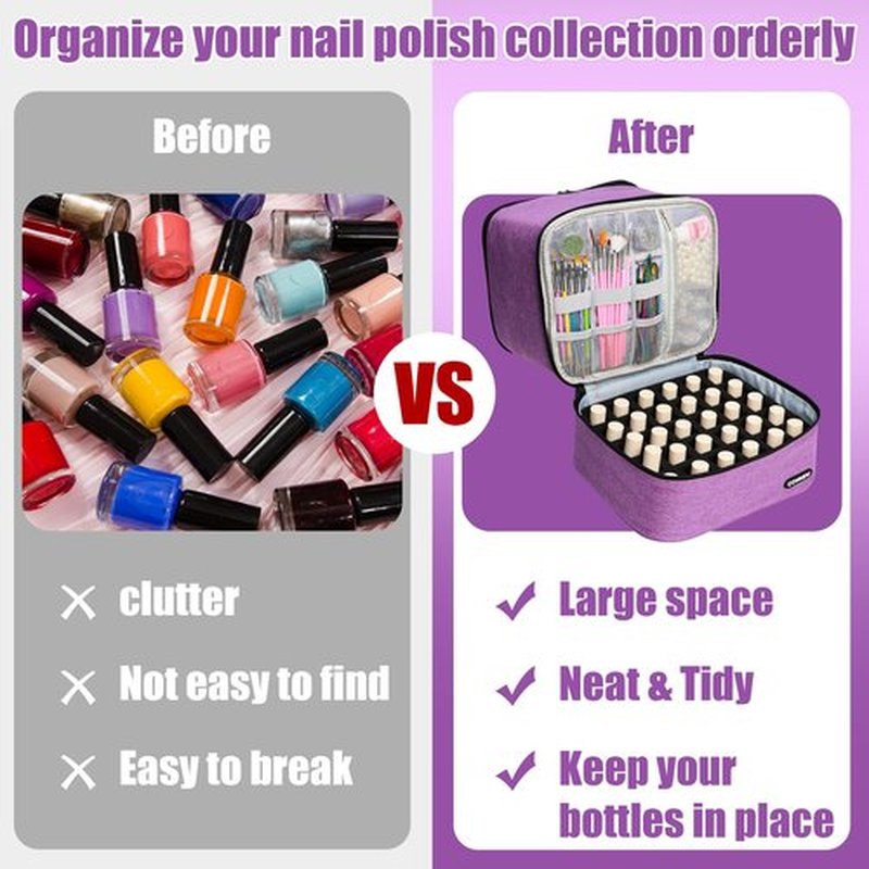 Covkev Nail Polish Organizer Bag Holds 30 Bottles (15ml-0.5 fl.oz)& Nail Lamp, Double Layer Nail Kit Storage Carrying Case, Portable Travel Nail Supplies Organizer Bag with Handle (Graceful Purple)