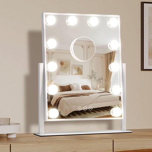 NUSVAN Vanity Makeup Mirror with Lights,3 Color Lighting Modes Detachable 10X Magnification Mirror Touch Control,360°Rotation, White (14.6Inch)