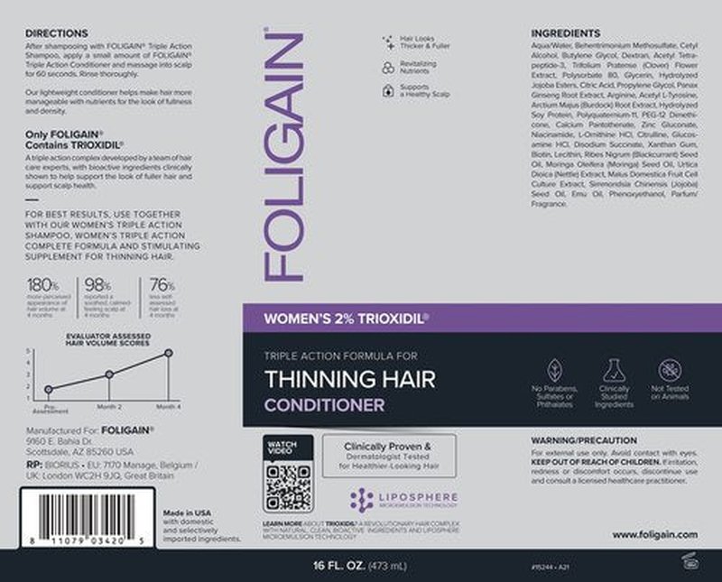 Foligain Triple Action Conditioner For Thinning Hair For Women with 2% Trioxidil | Hair Stimulating Conditioner | Women's Volumizing Conditioner (16oz) (15244)