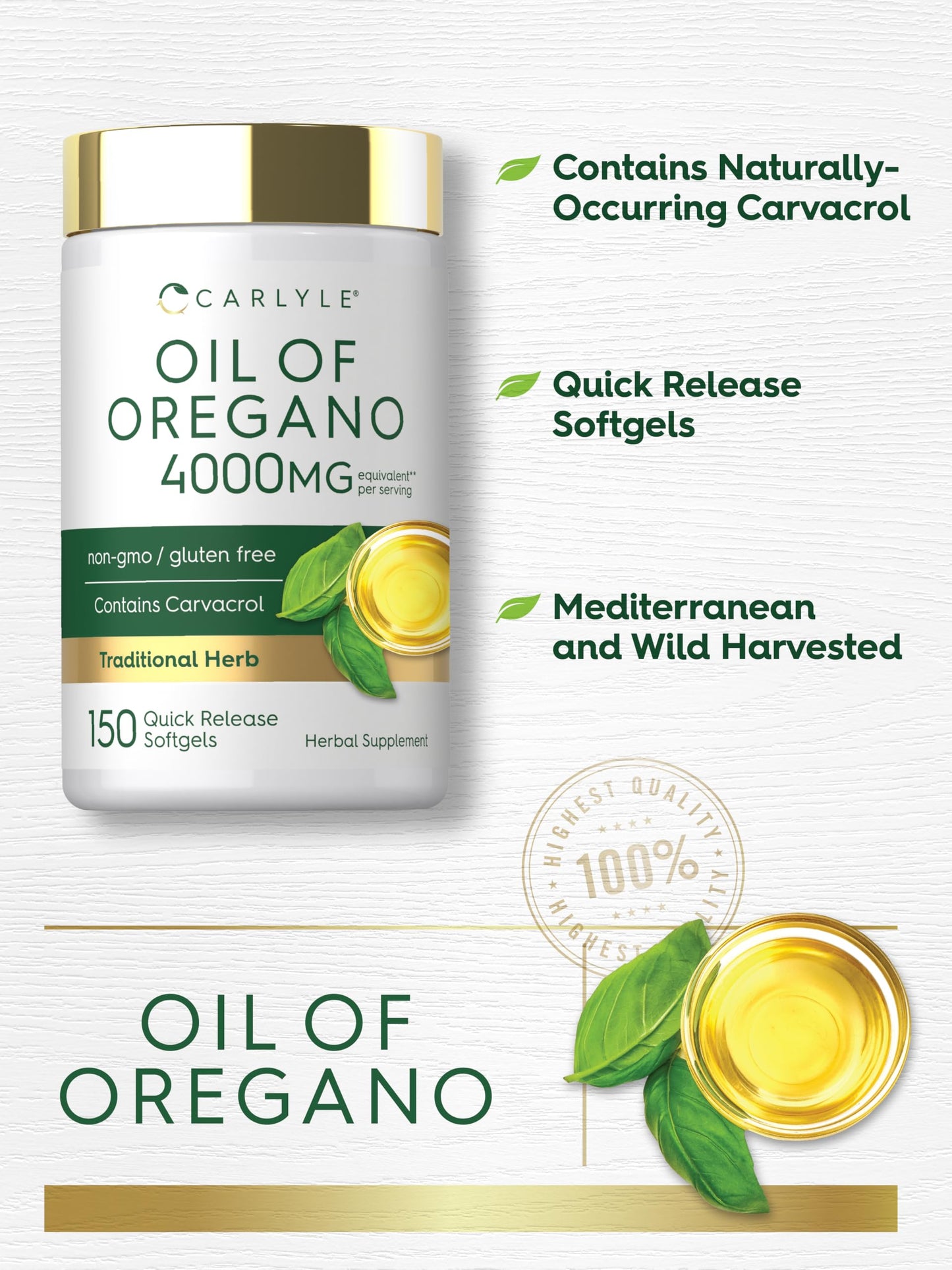 Carlyle Oregano Oil Supplement | 150 Softgel Capsules | Contains Carvacrol