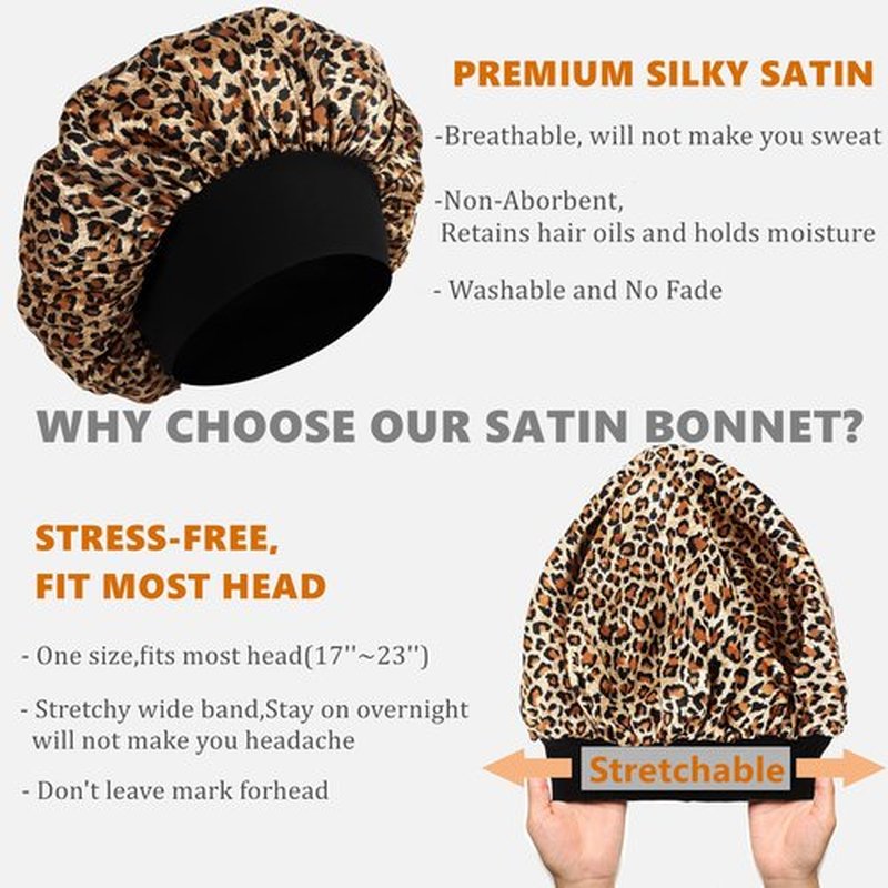 Bonnet for Men,Hair Bonnet for Sleeping,Double Layer Satin Bonnets for Black Women Curly Hair Braids,Reversible Sleep Cap (Large,Black/Leopard)