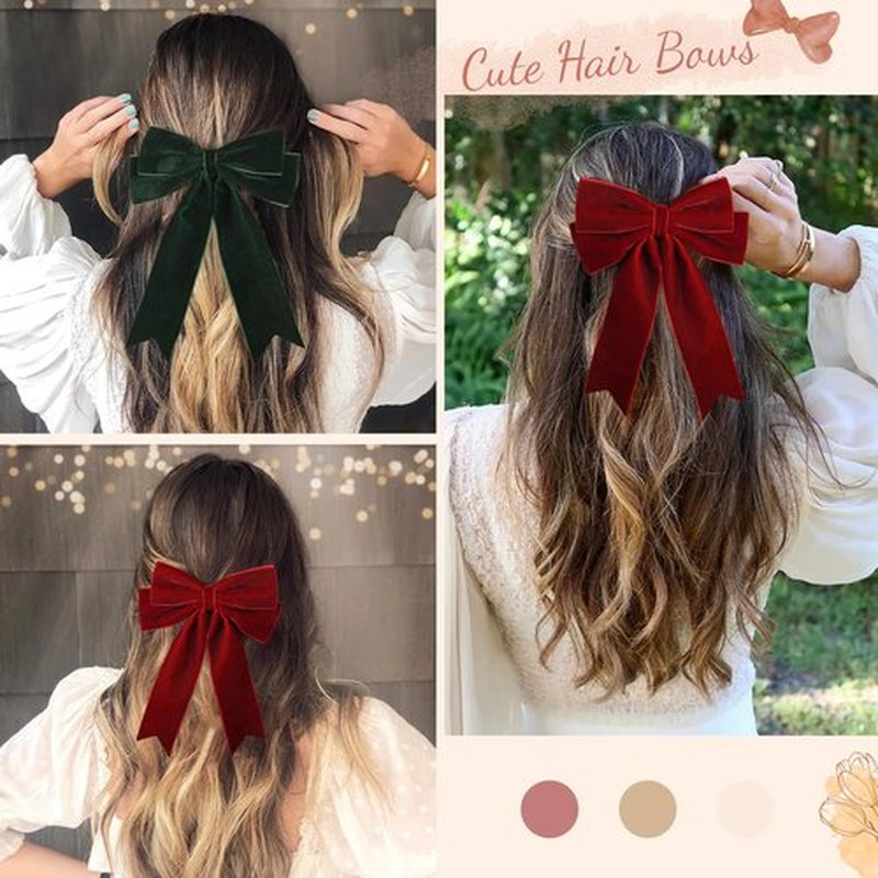 2PCS Velvet Bows Hair Clip Ribbon Green Red Accessories Ponytail Holder Hair Bow for Women Girls Toddlers Teens Kids