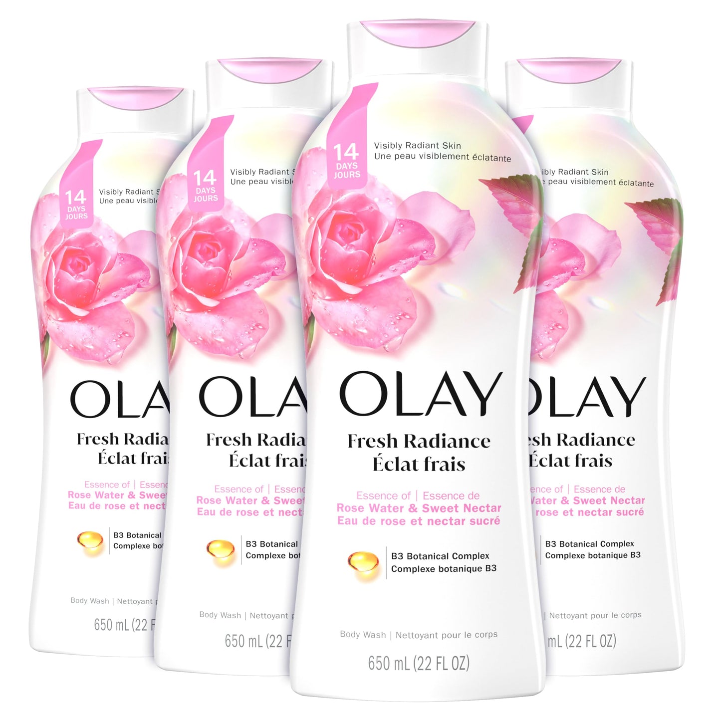 Olay Body Wash for Women, Fresh Radiance, Refreshing & Renewing, Made with Plant Based Cleansers, B3 Botanical Complex, For All Skin Types, Rose Water & Sweet Nectar Scent, 22 fl oz (Pack of 4)