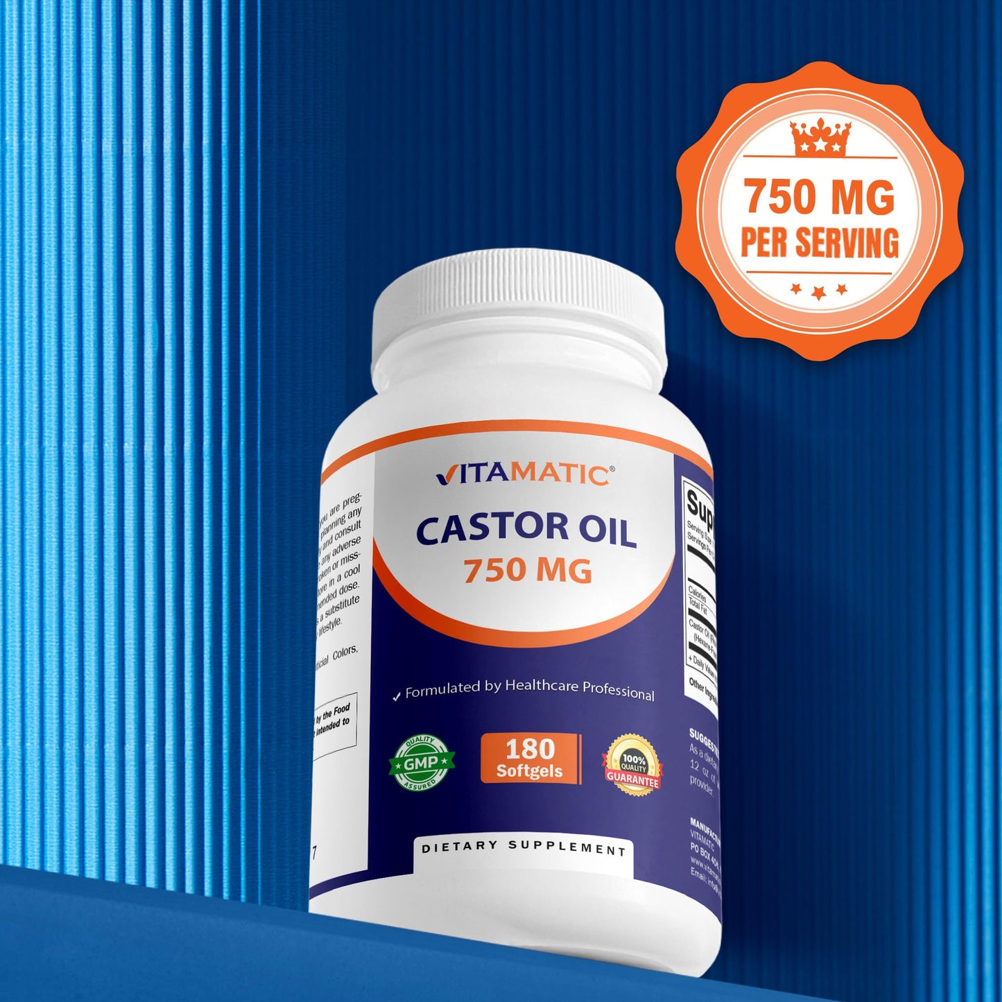 Vitamatic Castor Oil Softgels 750 mg | Cold Pressed | 180 Softgels | Easy-to-Swallow